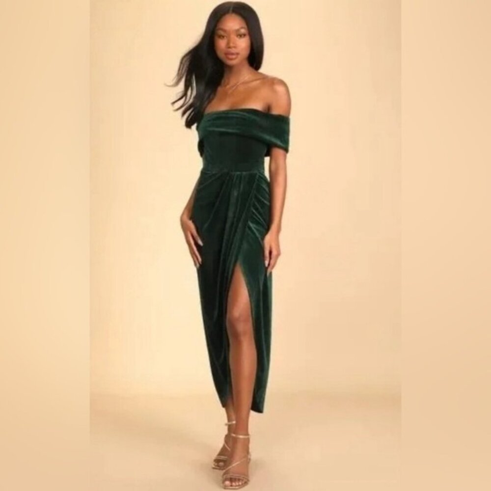 BHLDN Edison Dress Emerald Velvet Off Shoulder Side Slit 2